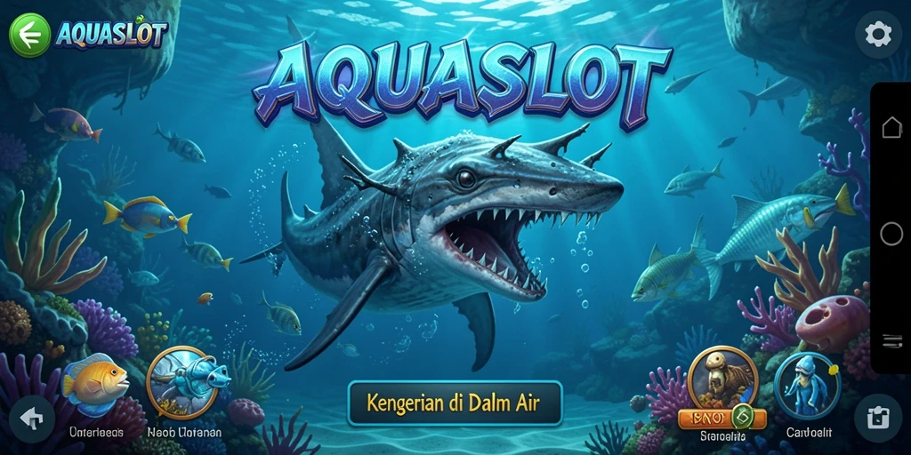 Tangkapan layar utama AQUASLOT menampilkan gameplay yang menegangkan di dunia bawah laut.