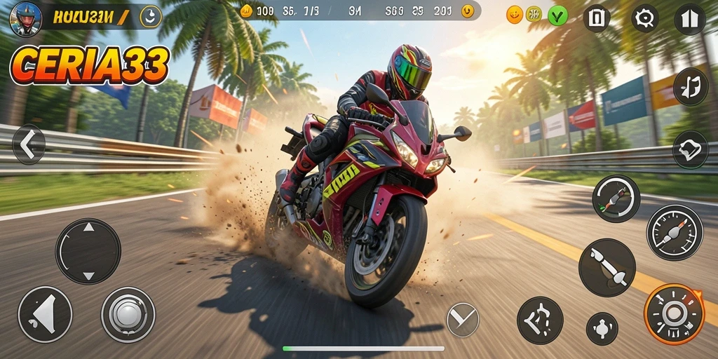 Screenshot CERIA33 menampilkan balapan motor yang penuh aksi dan seru.