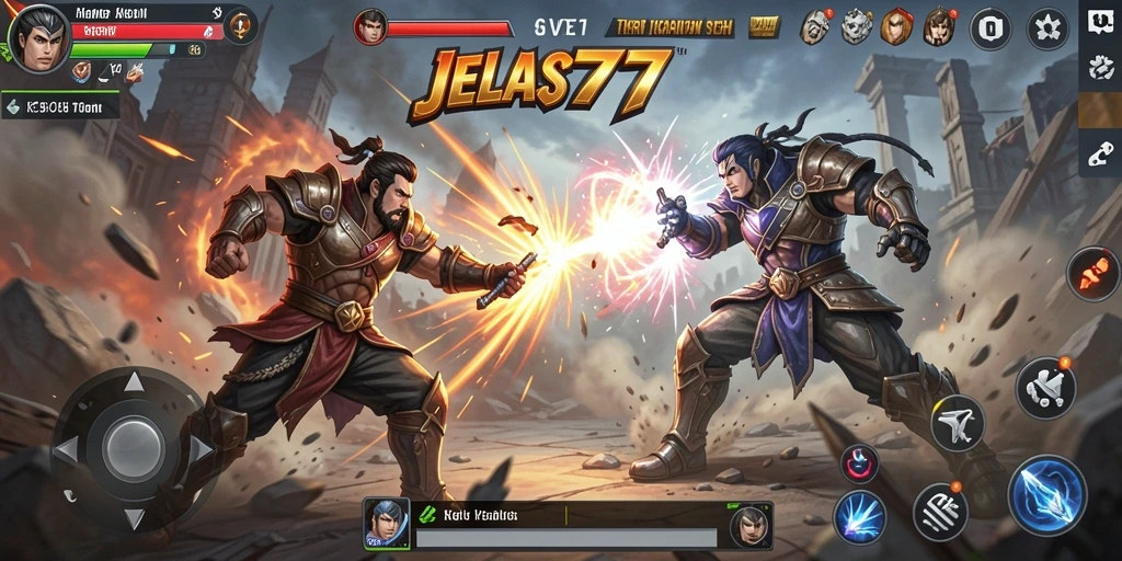 Tampilan gameplay <strong>JELAS777</strong> menampilkan pertarungan seru dan karakter unik.