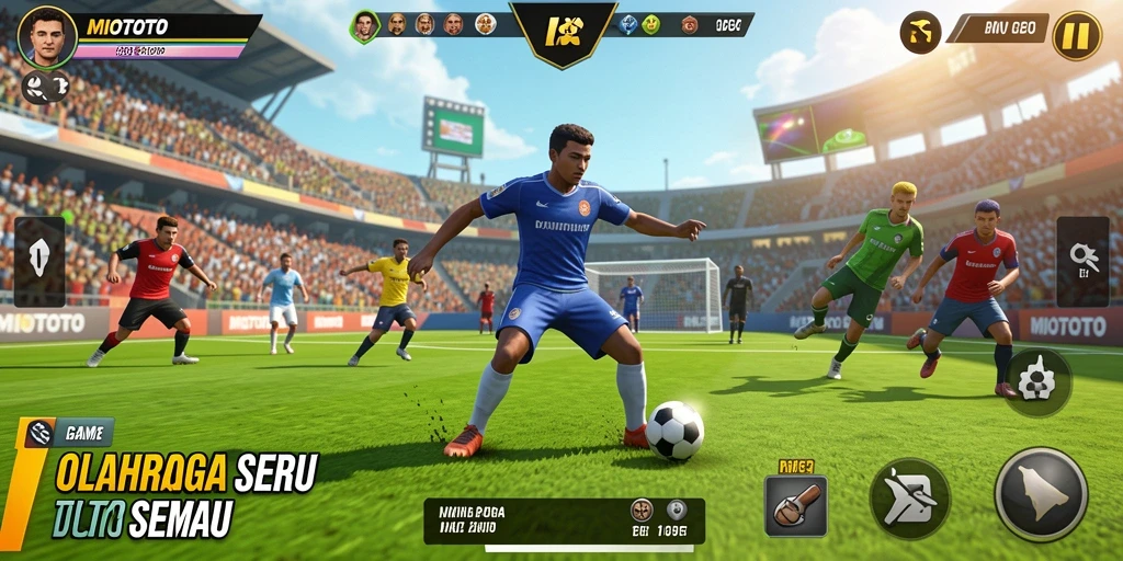 Screenshot utama MIOTOTO menampilkan aksi seru di lapangan olahraga.