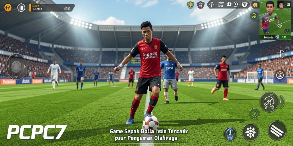 Screenshot PCPC7 menunjukkan aksi seru di lapangan sepak bola.