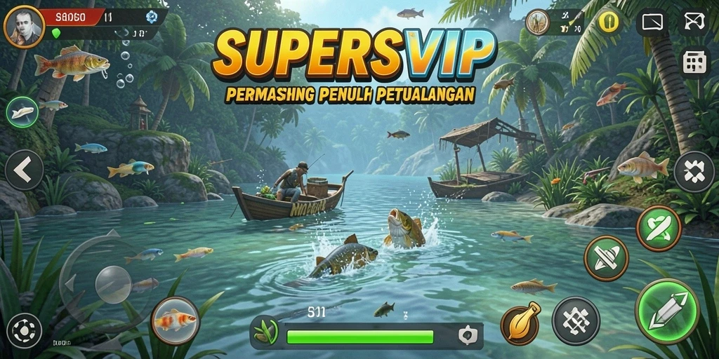 Gameplay menarik dalam SUPERSVIP dengan ikan dan lokasi memancing yang beragam.